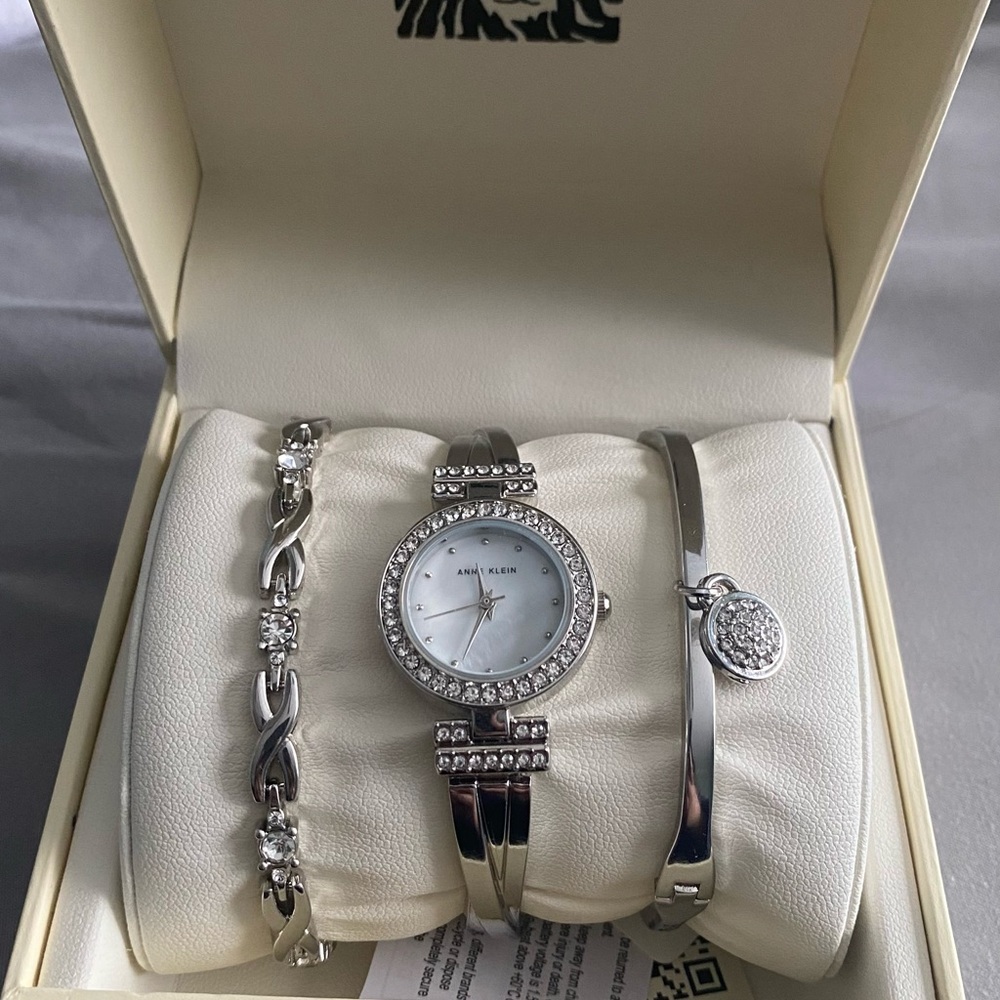 Anne Klein Silver and Crystal Watch Set